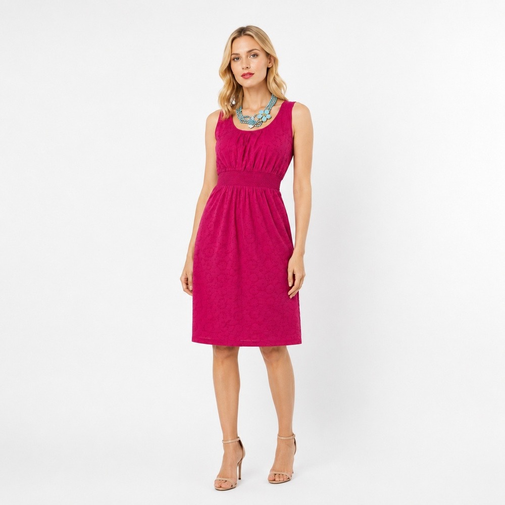 Romantic Midi Day Dress 100% Cotton Berry Pink Floral Eyelet Lace Smocked  S/M